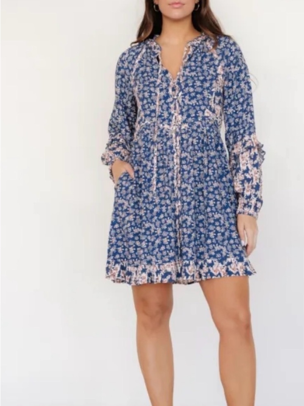 Three Bird Nest Blue Floral Ruffle Tiered Mini Dress